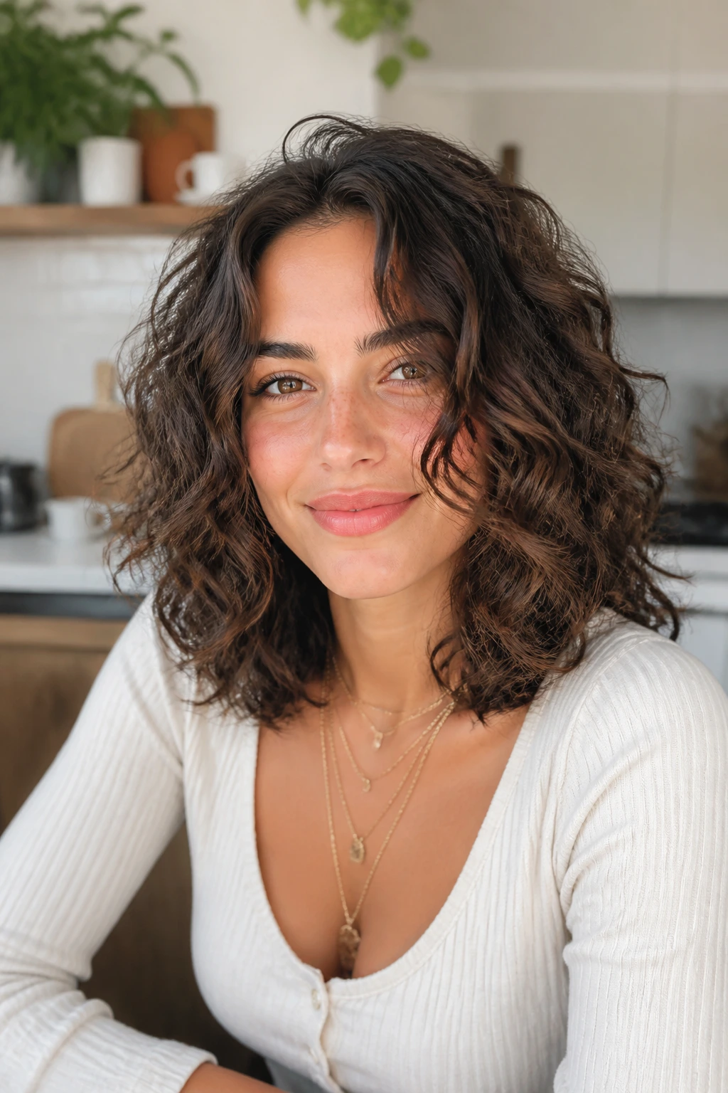 Close-up of a real woman with shoulder-length layers and face-framing curls in a bright setting