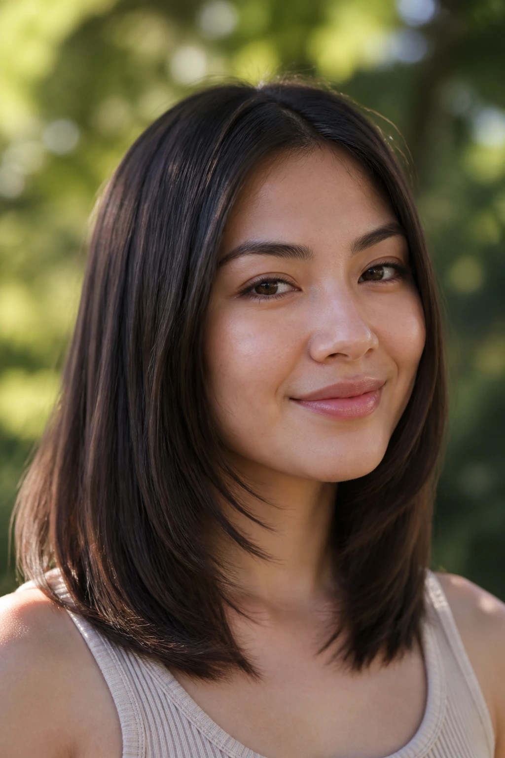 Close-up of a real girl with shoulder-length textured layers in a park setting