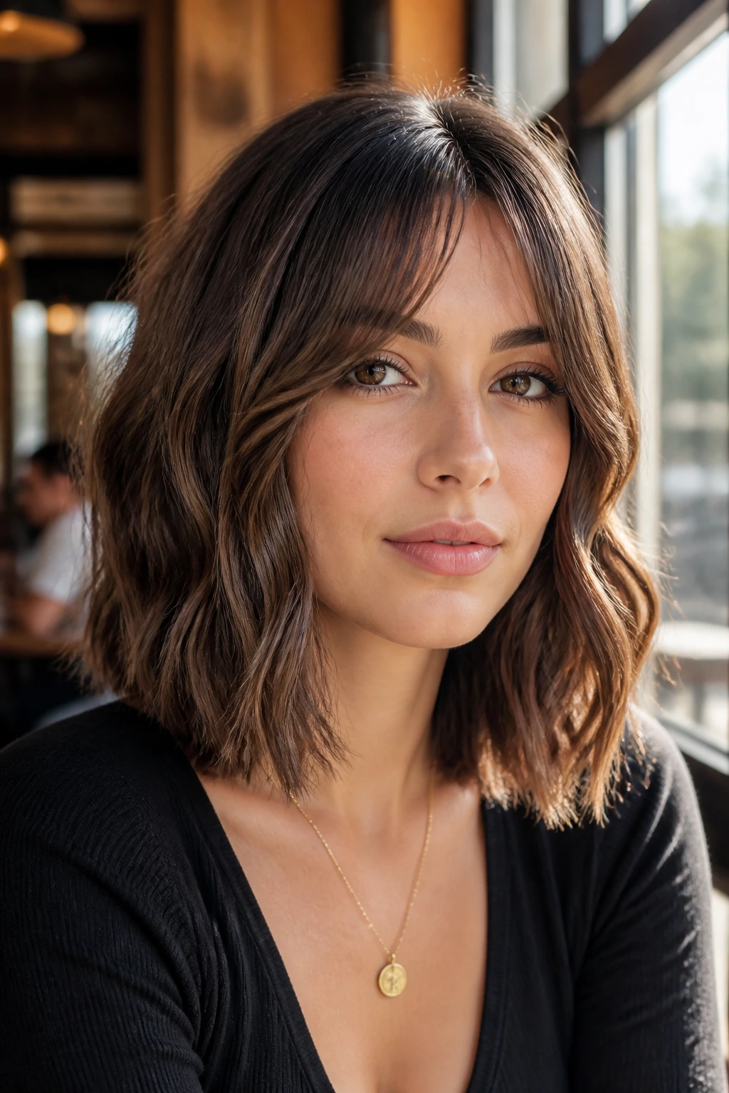 Close-up of a woman with shoulder-grazing wavy lob and curtain bangs.