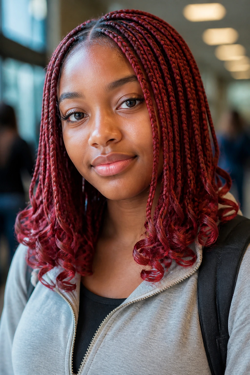 Close-up of a real student with shoulder-length red braids and curled ends