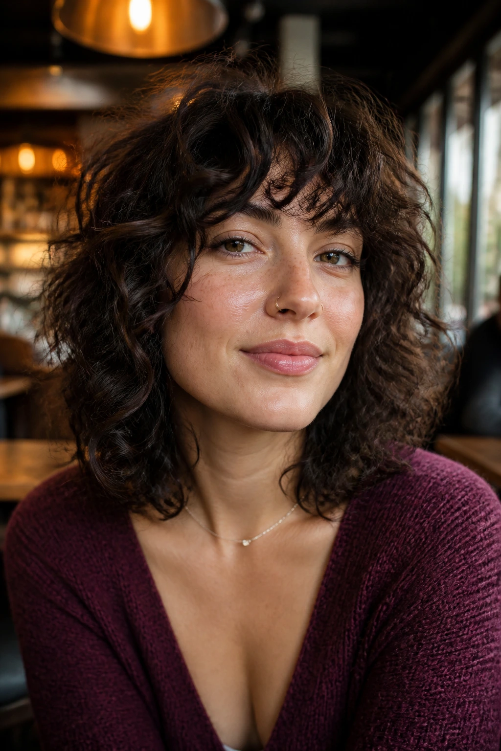 Close-up of a real person with choppy shoulder-length shag bangs in a cafe
