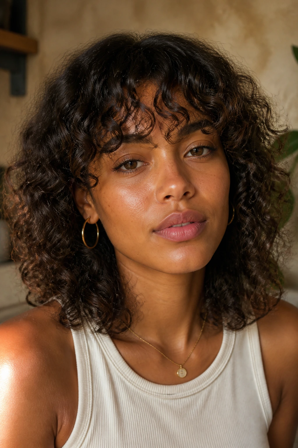Close-up of a real person with shoulder-length shag and curly bangs