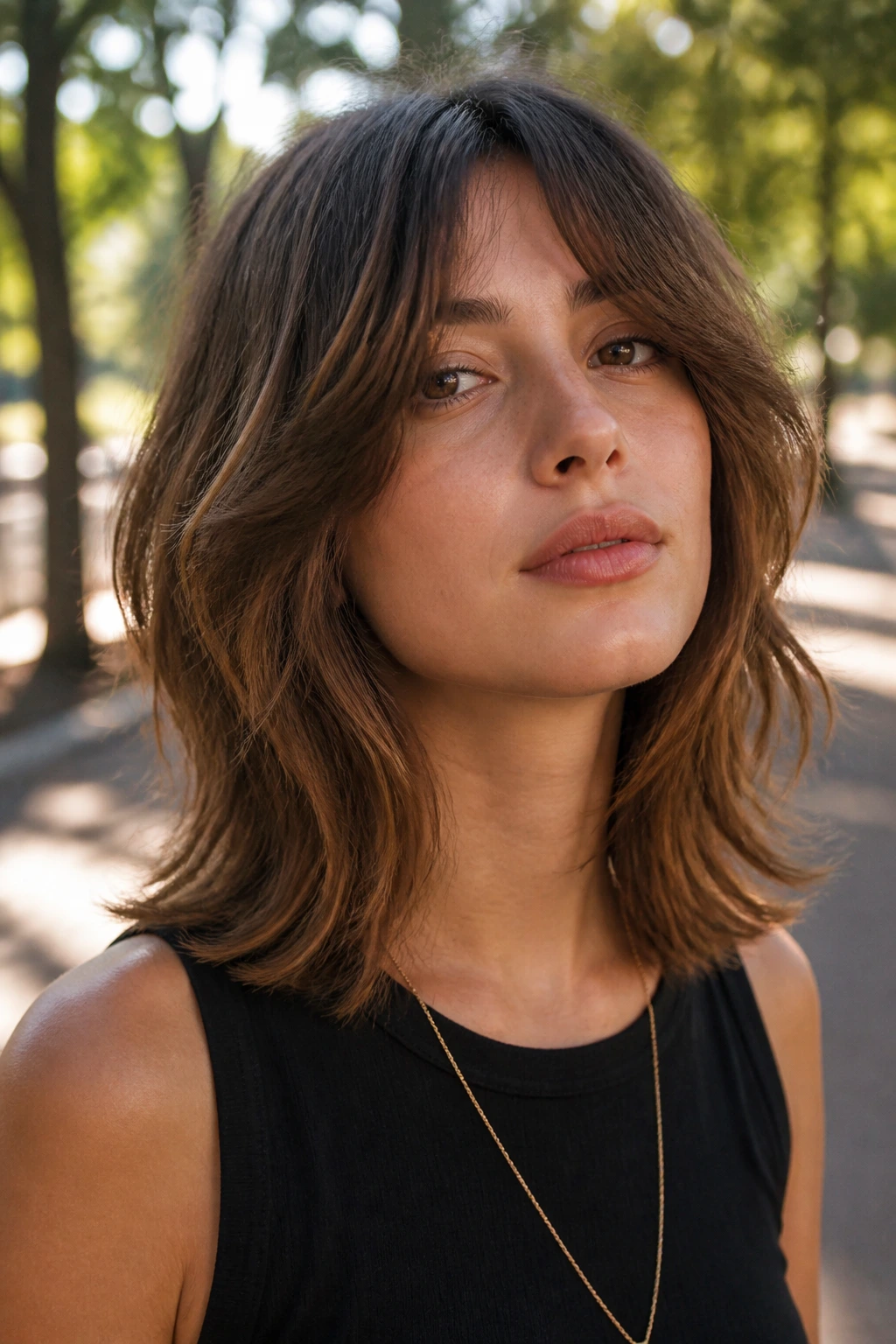 Medium close-up portrait of a real person with shoulder-length shaggy hair