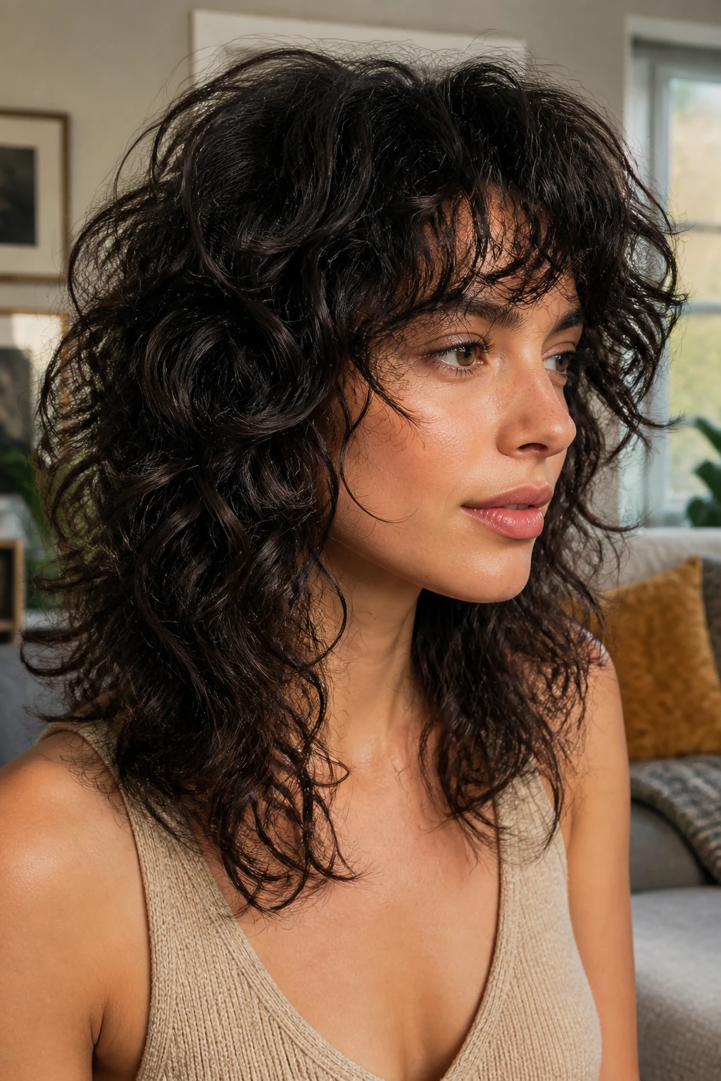 Real woman with shoulder-length curly shag showing texture and thinning layers