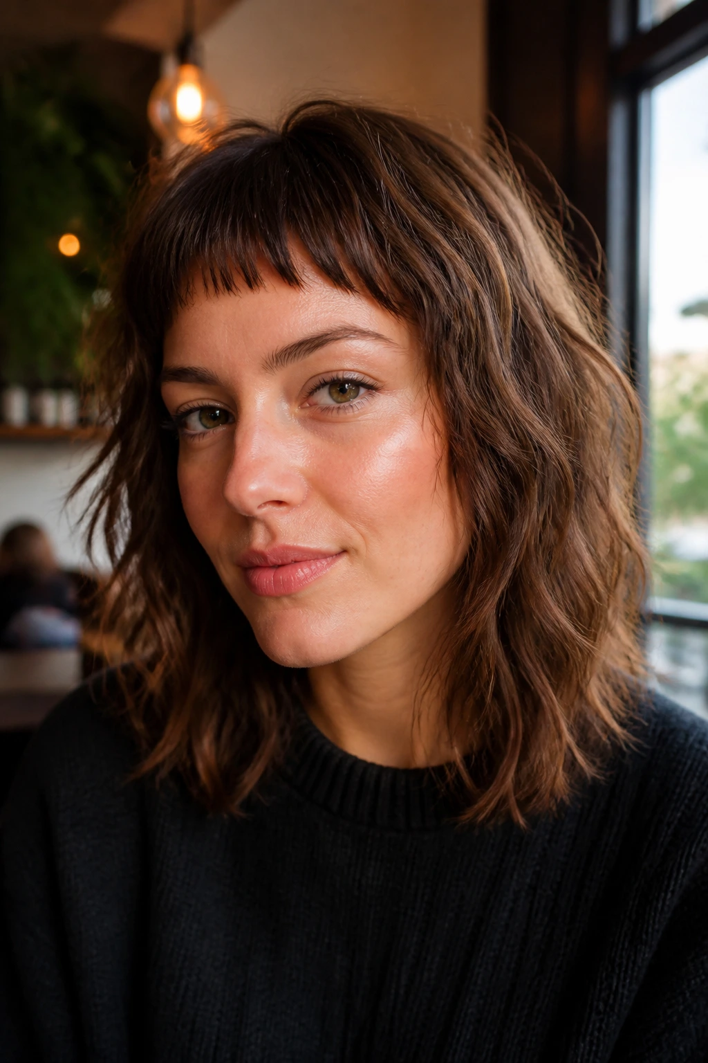 Real person with shoulder-length shag and micro bangs in cafe light.