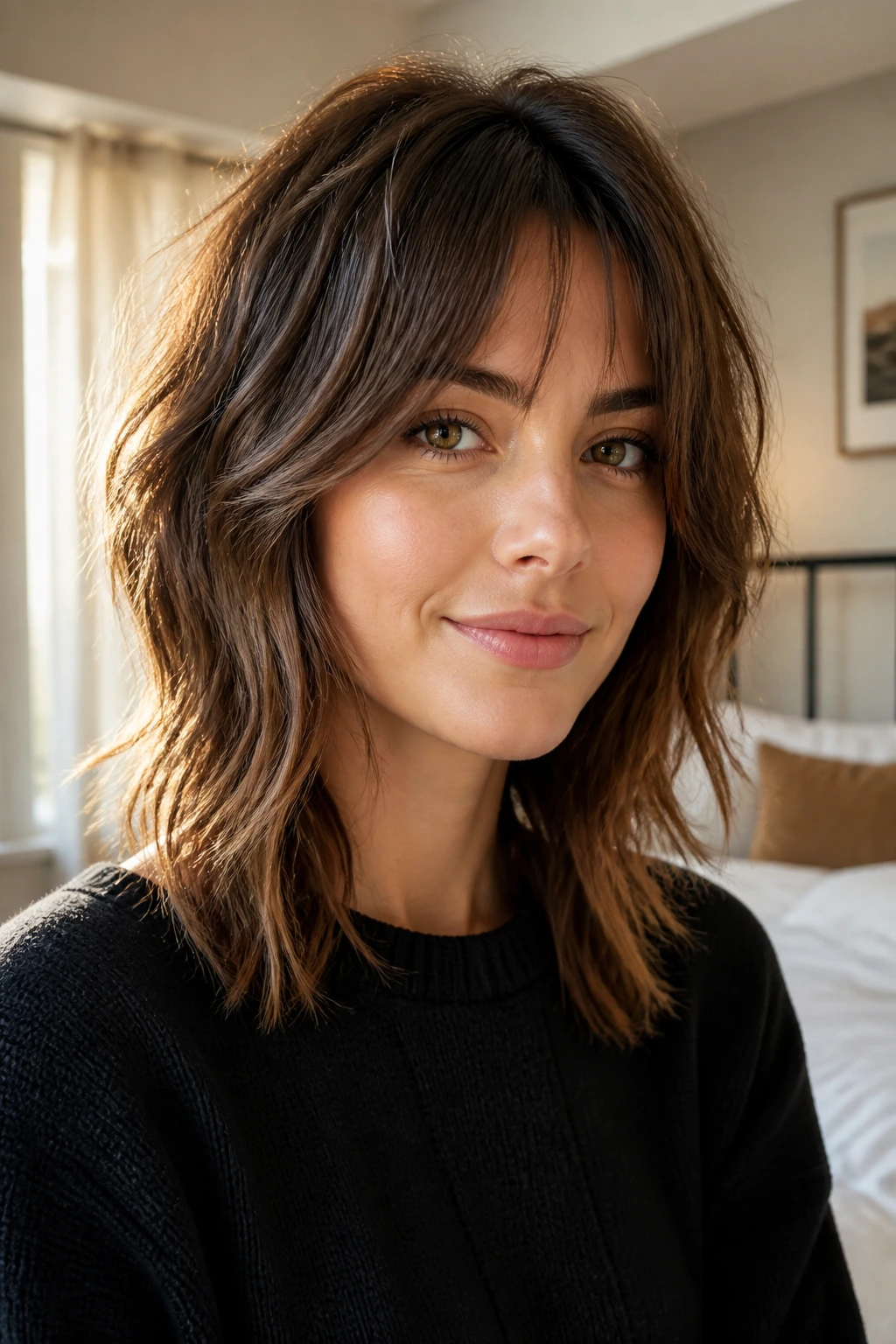 Close-up portrait of a real woman with a shoulder-length layered shag hairstyle