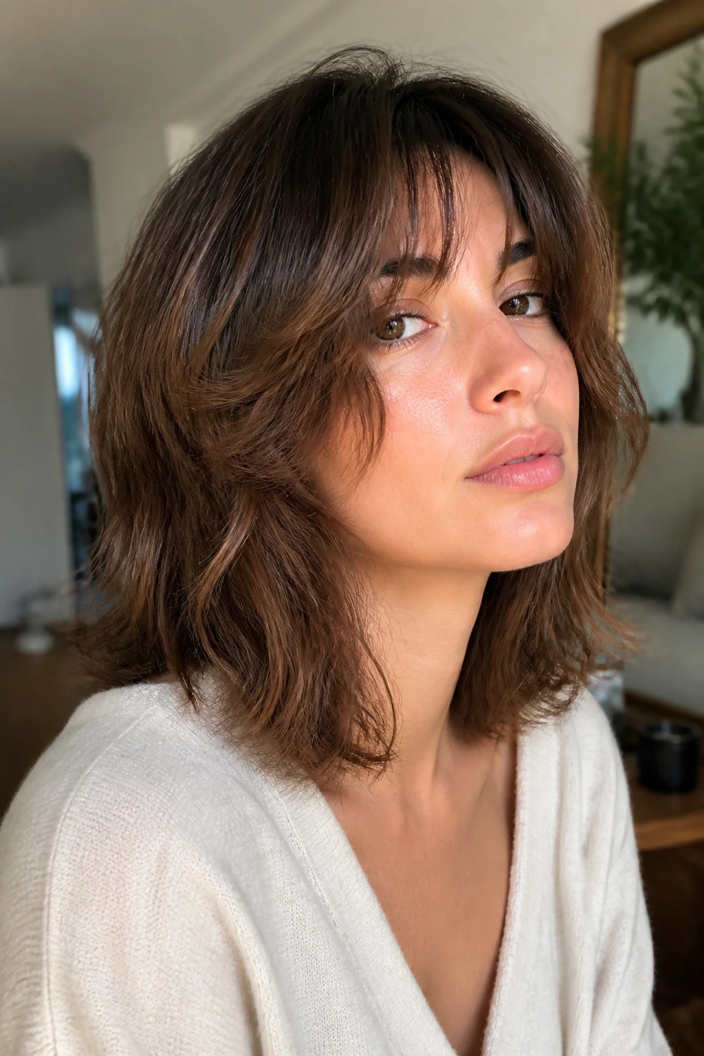 Woman with shoulder-length shag and soft layers.