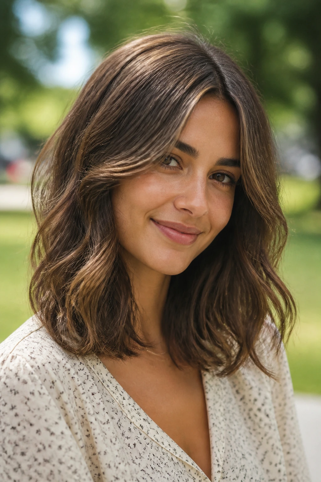 Close-up of a real woman with shoulder-length layered waves in outdoor daylight.