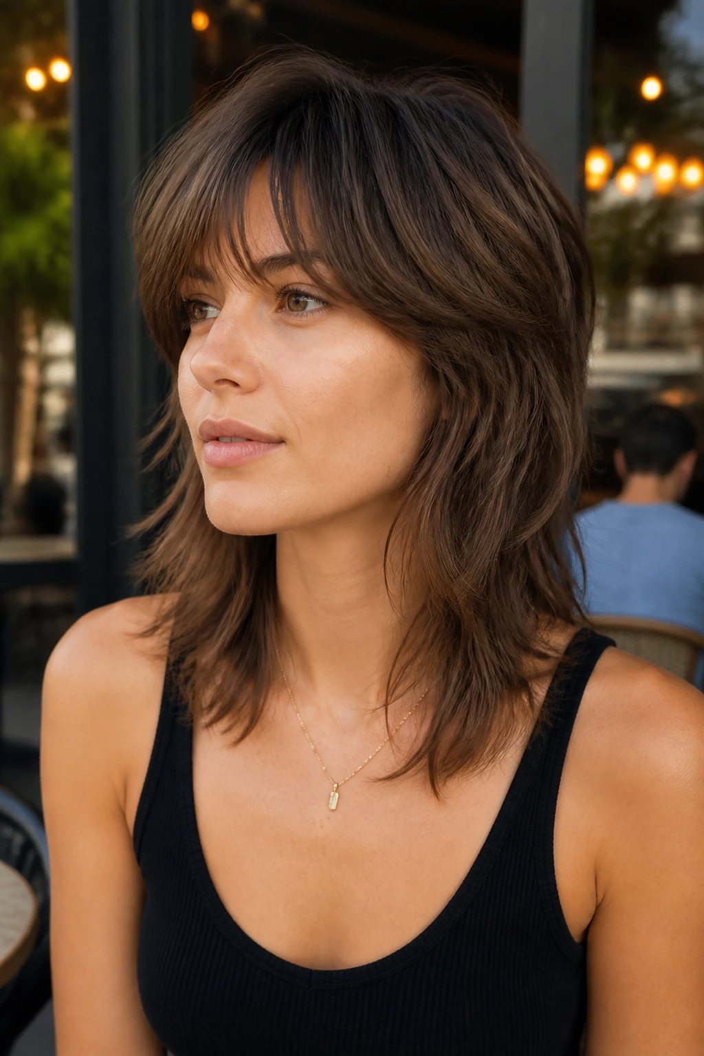 Head-and-shoulders portrait of a person with shoulder-length wolf cut in natural daylight