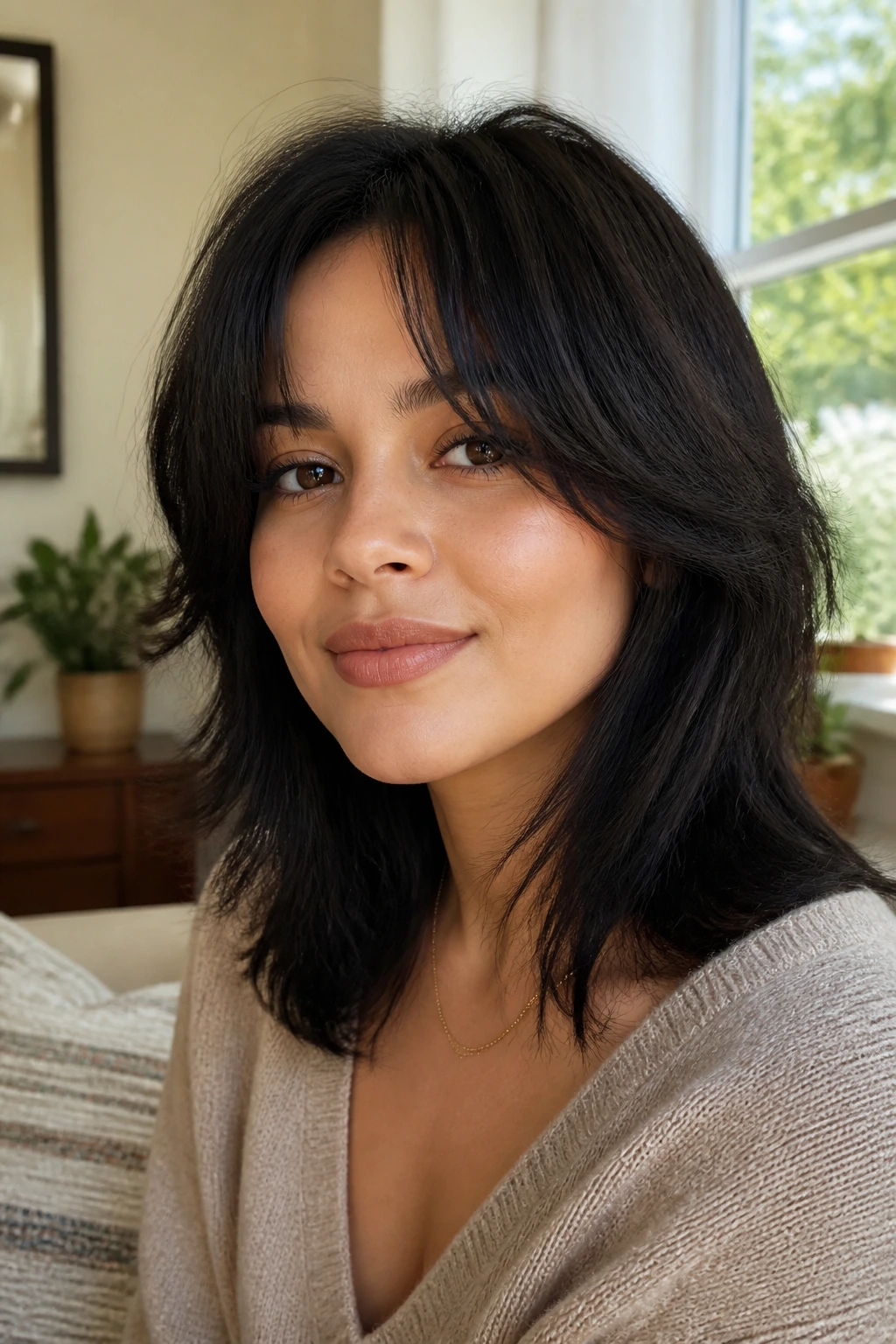 Close-up portrait of a real woman with shoulder-length shag and curtain bangs