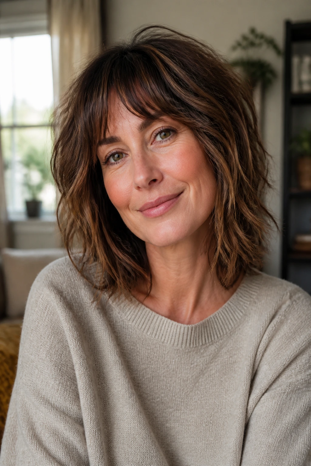 Close-up portrait of a real woman with shoulder-length layered shag in a cozy home setting.