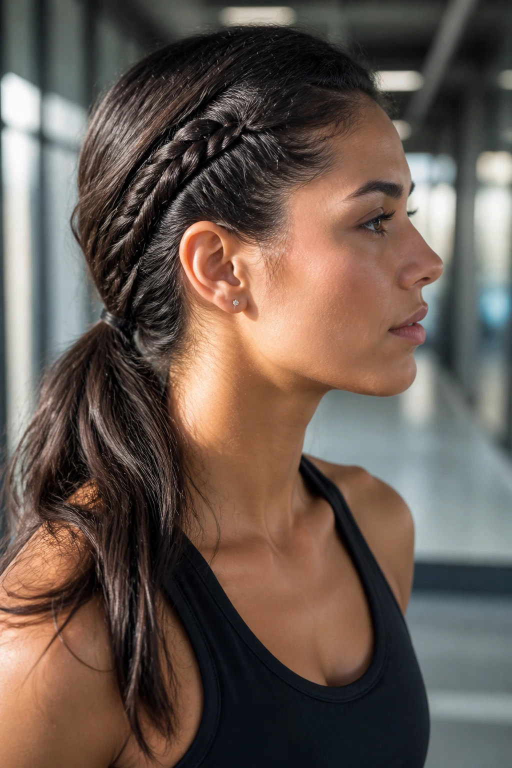 Profile view of a real woman with a thick side braid during a workout
