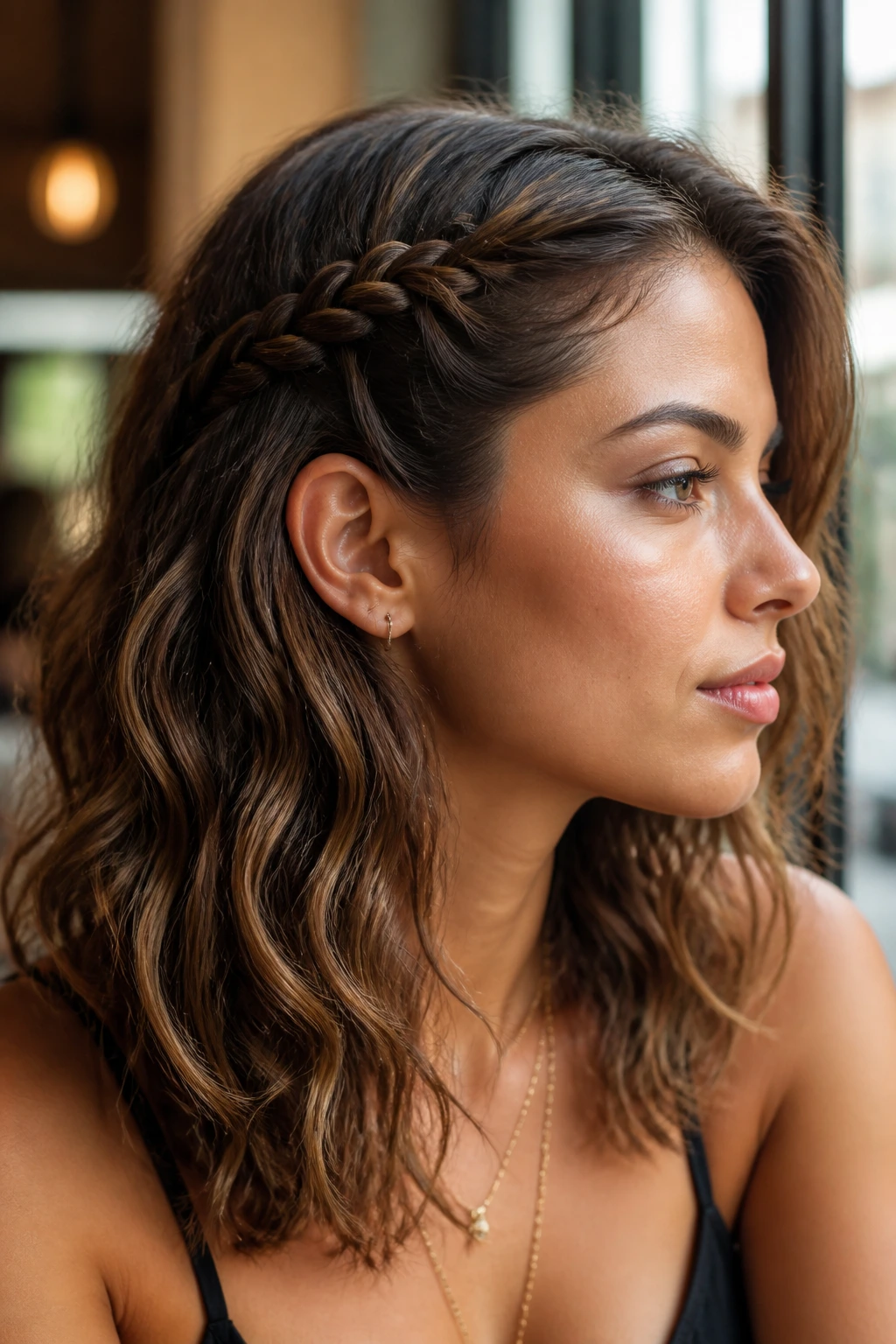 Close-up of a real person with a small side braid above the ear