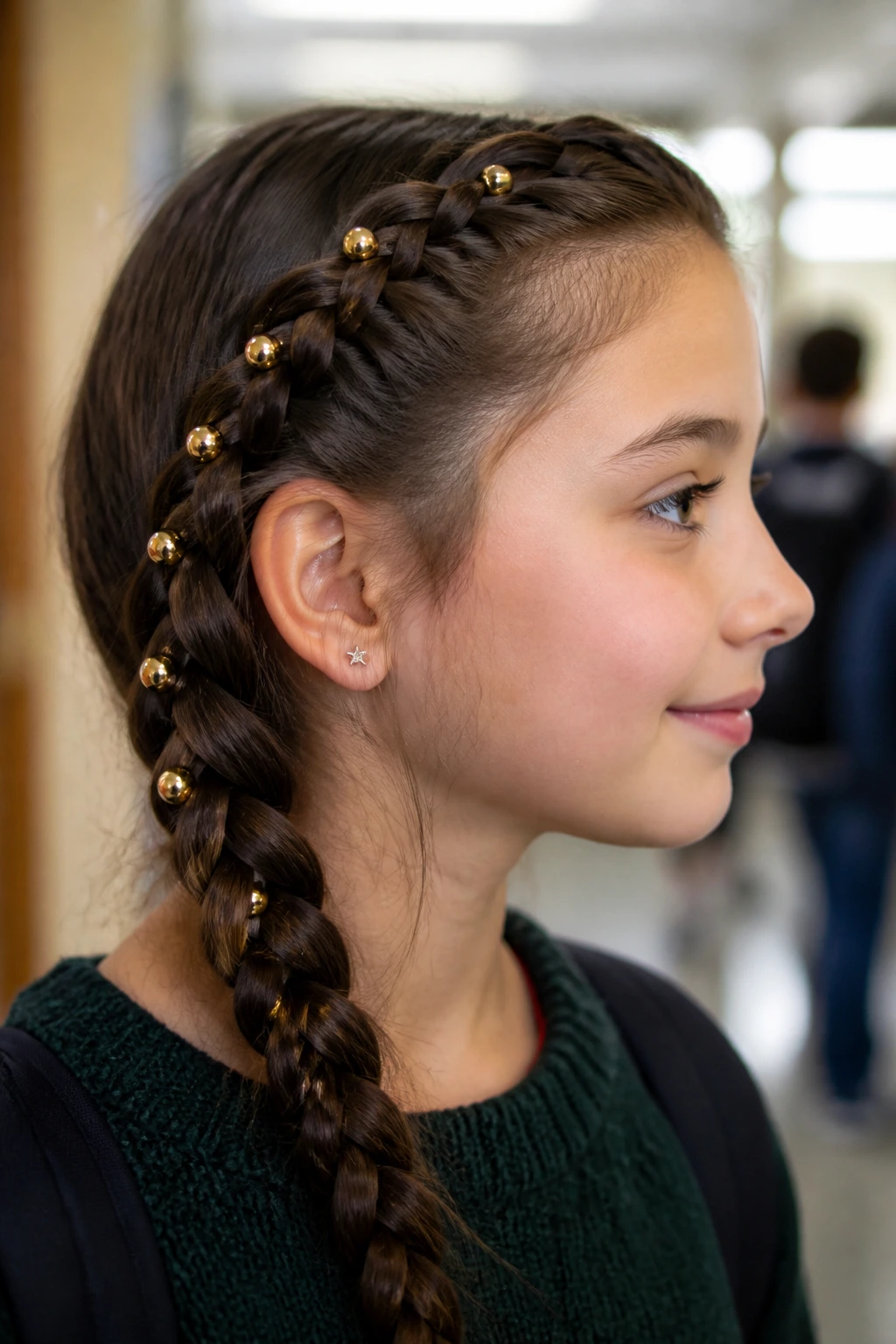 Profile view of a real person with a side braid adorned with beads