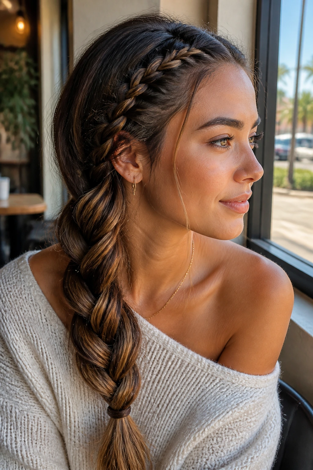 Close-up side profile of a real woman with an accented hairline braid feeding into a loose side braid in a cafe setting.