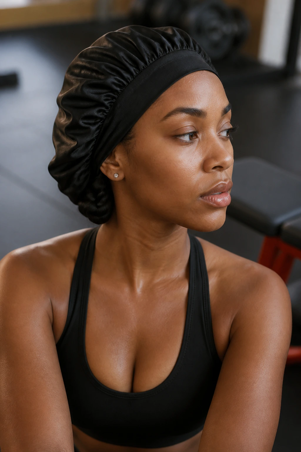 Close-up of side-swept braid tucked inside bonnet in gym