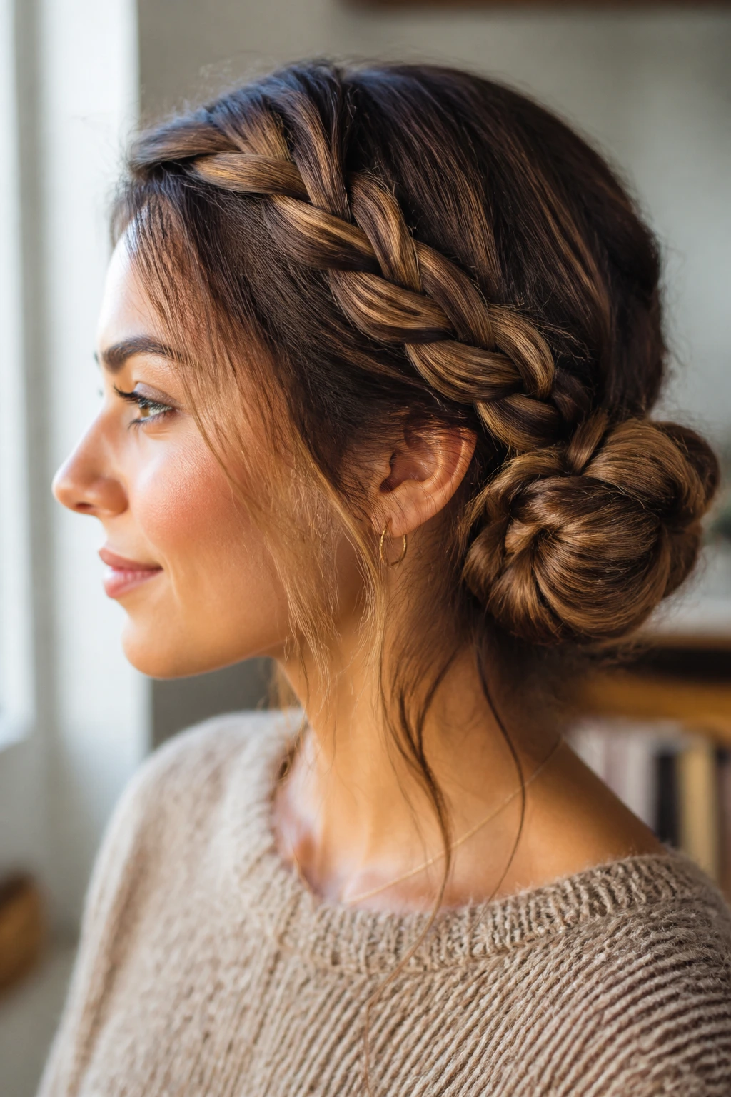 Side profile of a real person with a side braid rolled into a bun near the ear