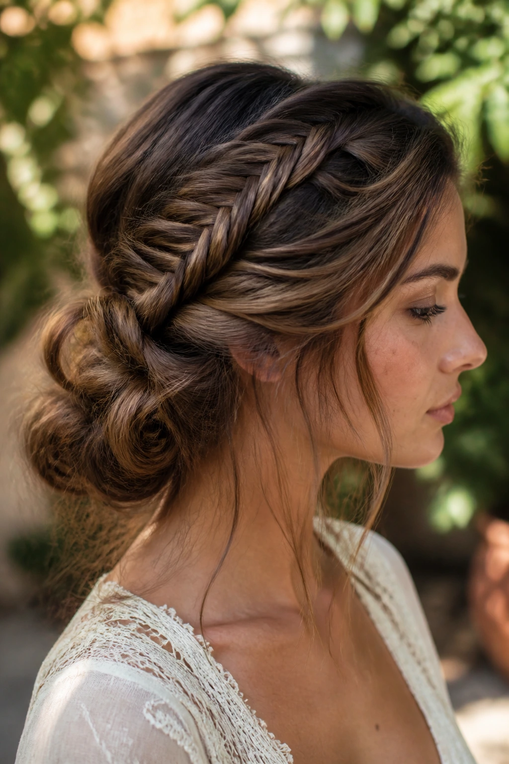 Close-up of a real woman with a bohemian side-braid leading into a low messy bun