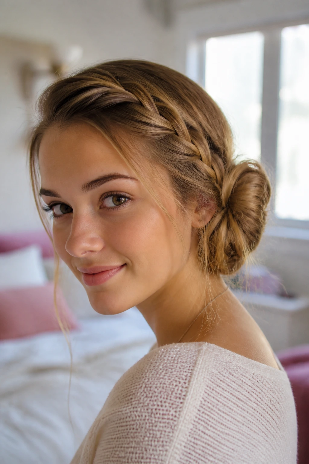 Close-up of a real person with a side braid leading to a loose messy bun.
