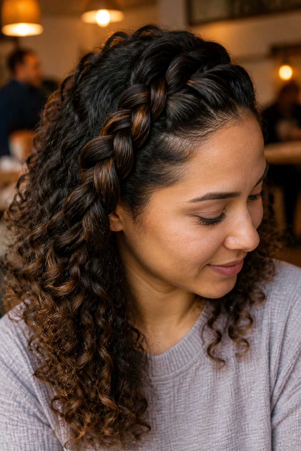Close-up portrait of a real woman with a chunky side braid
