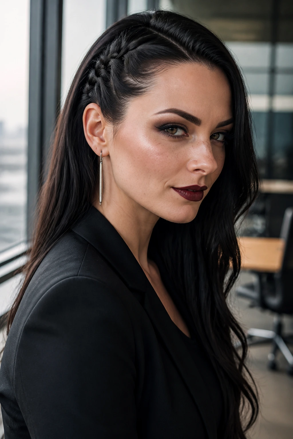 Close-up of a woman with a tight Dutch braid at the temple in an office.