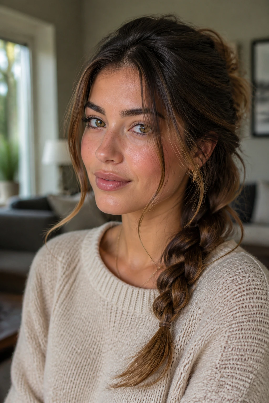 Close-up portrait of a real woman with a messy side braid and face-framing pieces