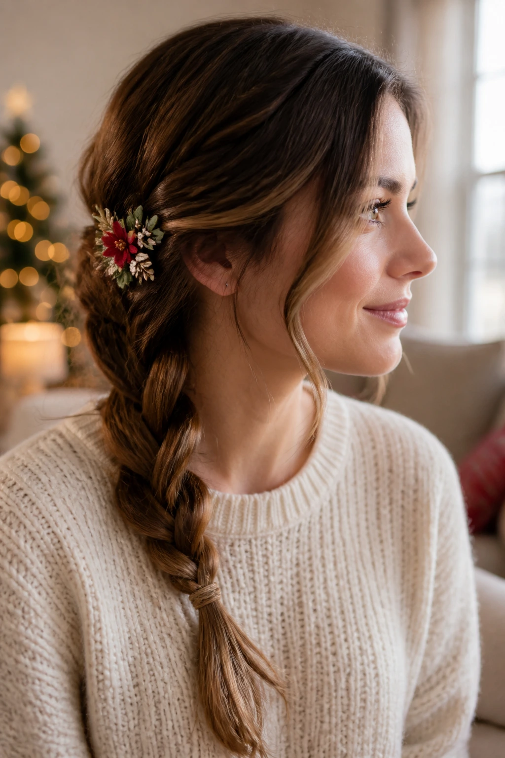 Close-up of a woman with a side braid and floral clip in warm indoor light