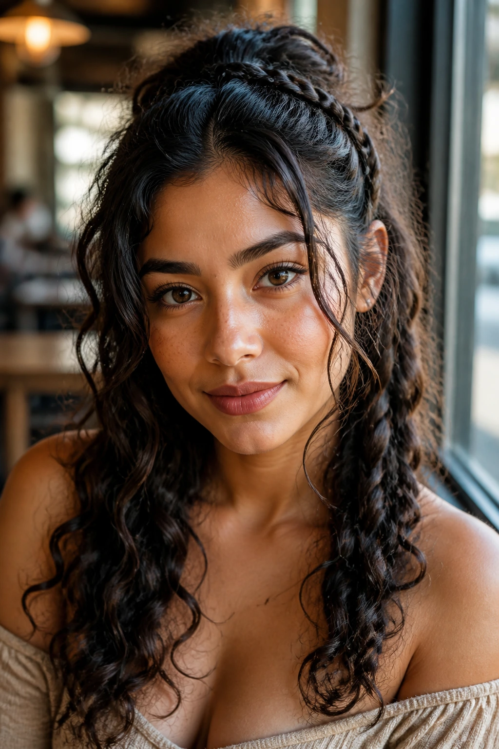 Close-up of a real woman with a side-braid half-up hairstyle in a cafe morning light