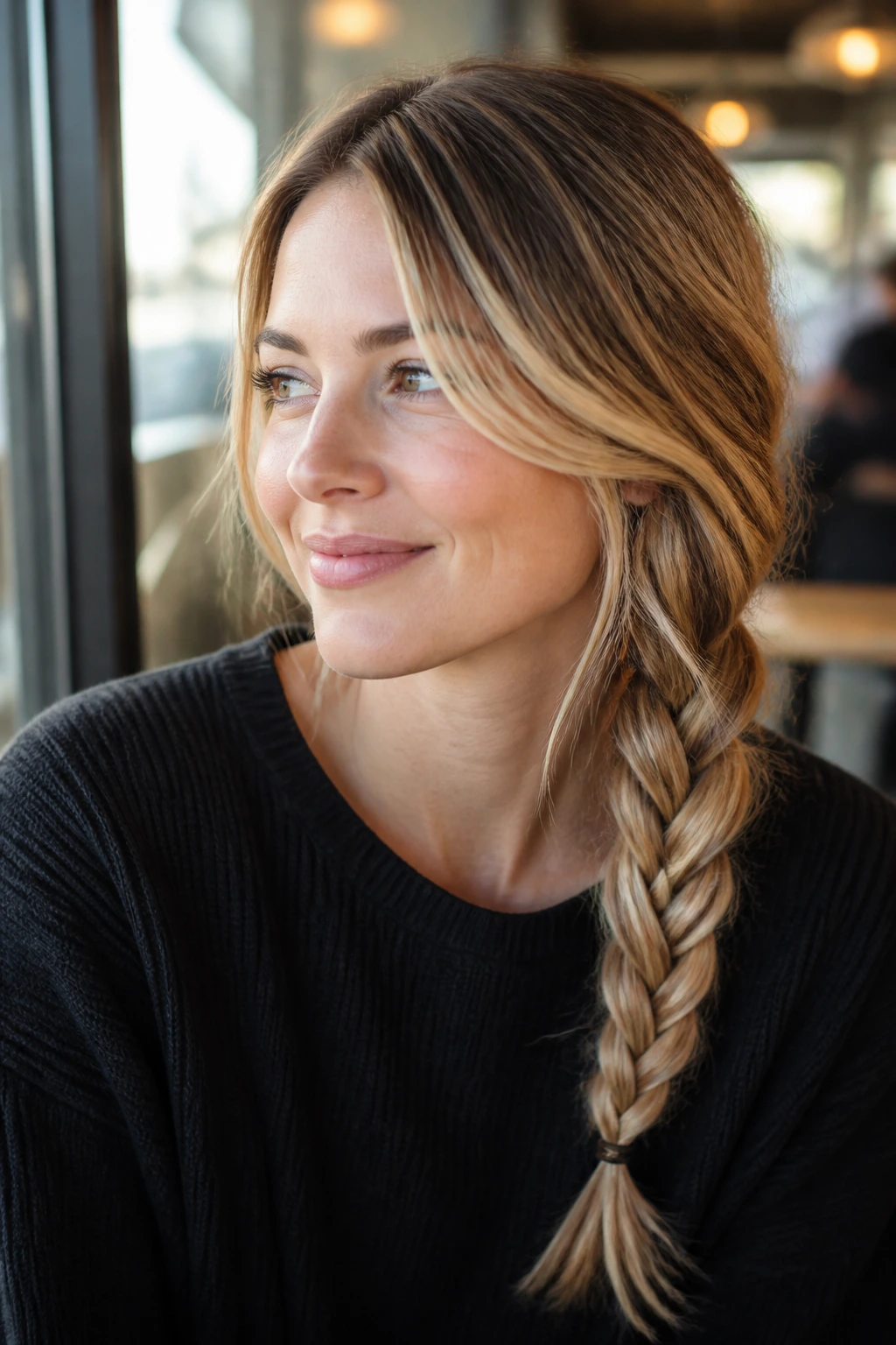 Real woman with highlighted side braid in sunlit cafe