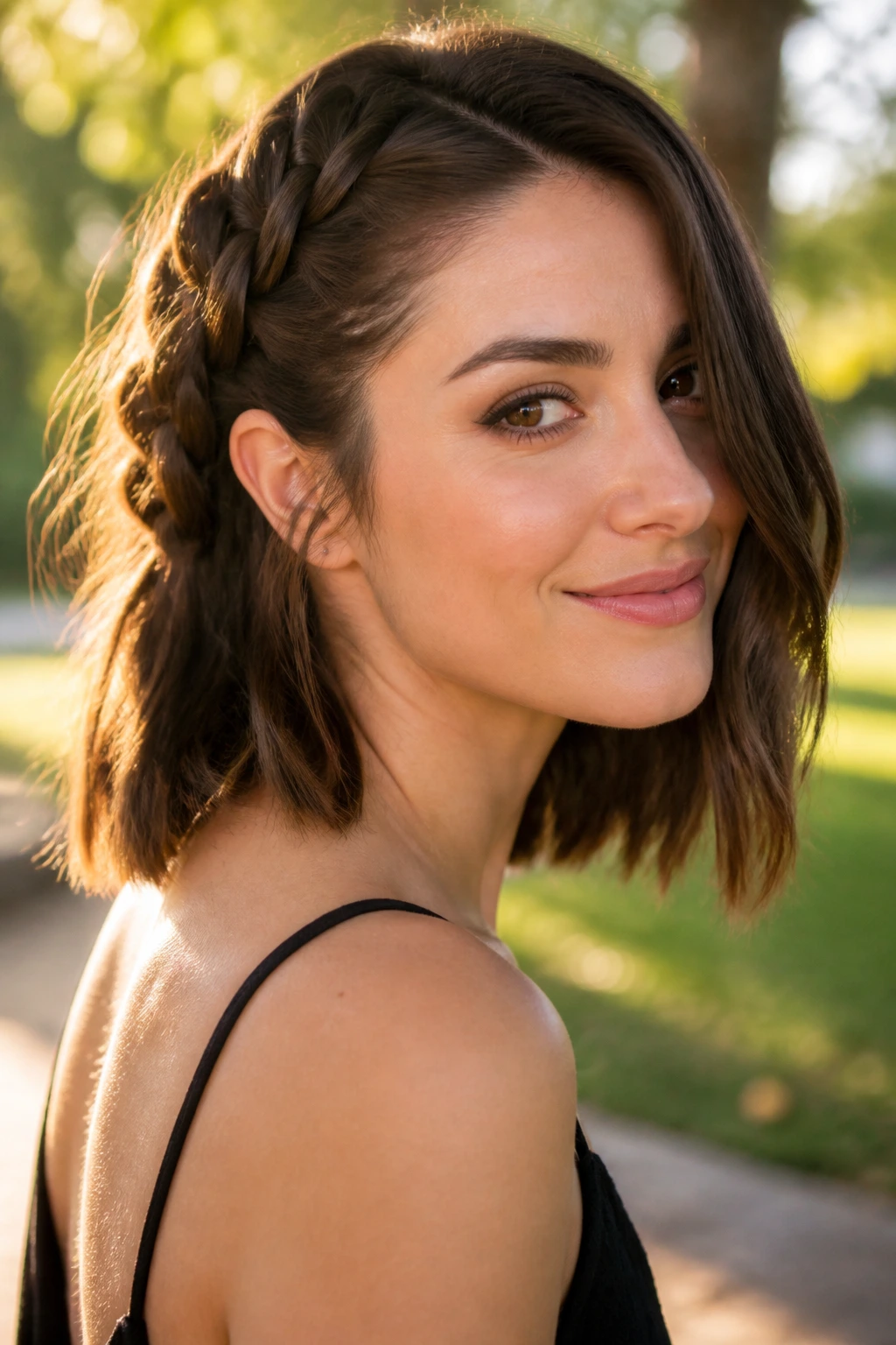 Portrait of a real woman with a side-braided lob and halfway pinned braid