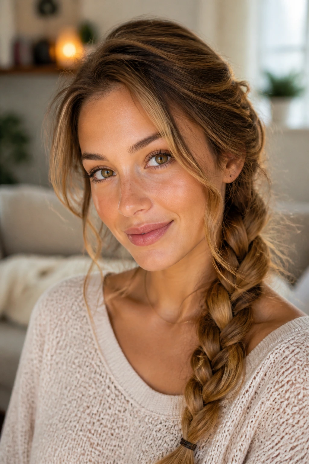 Close-up of a person with a loose three-strand side braid over the shoulder in warm light.