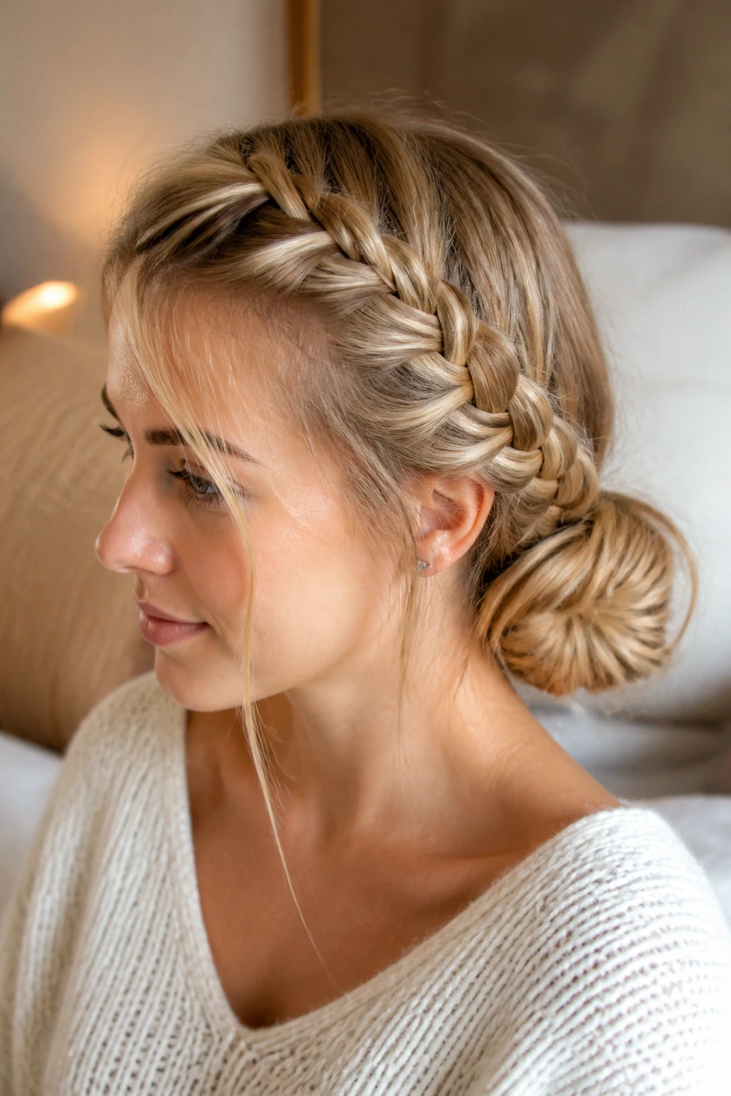 Close-up of a woman with a side braid transitioning into a low bun