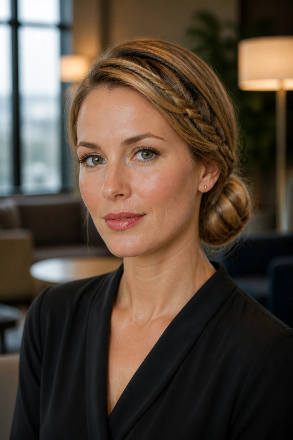 Real woman with side braid leading into a low chignon