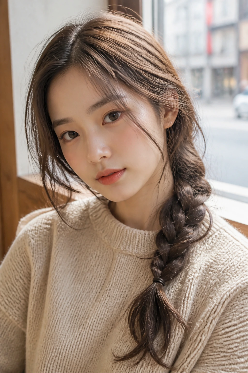 Close-up of a real woman with a messy side braid and loose strands in a cafe setting
