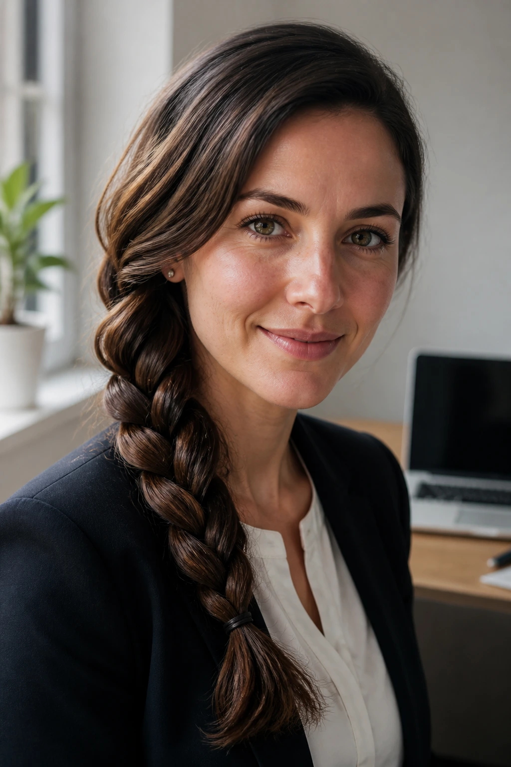 Close-up of a real woman with a professional three-strand side braid in an office setting