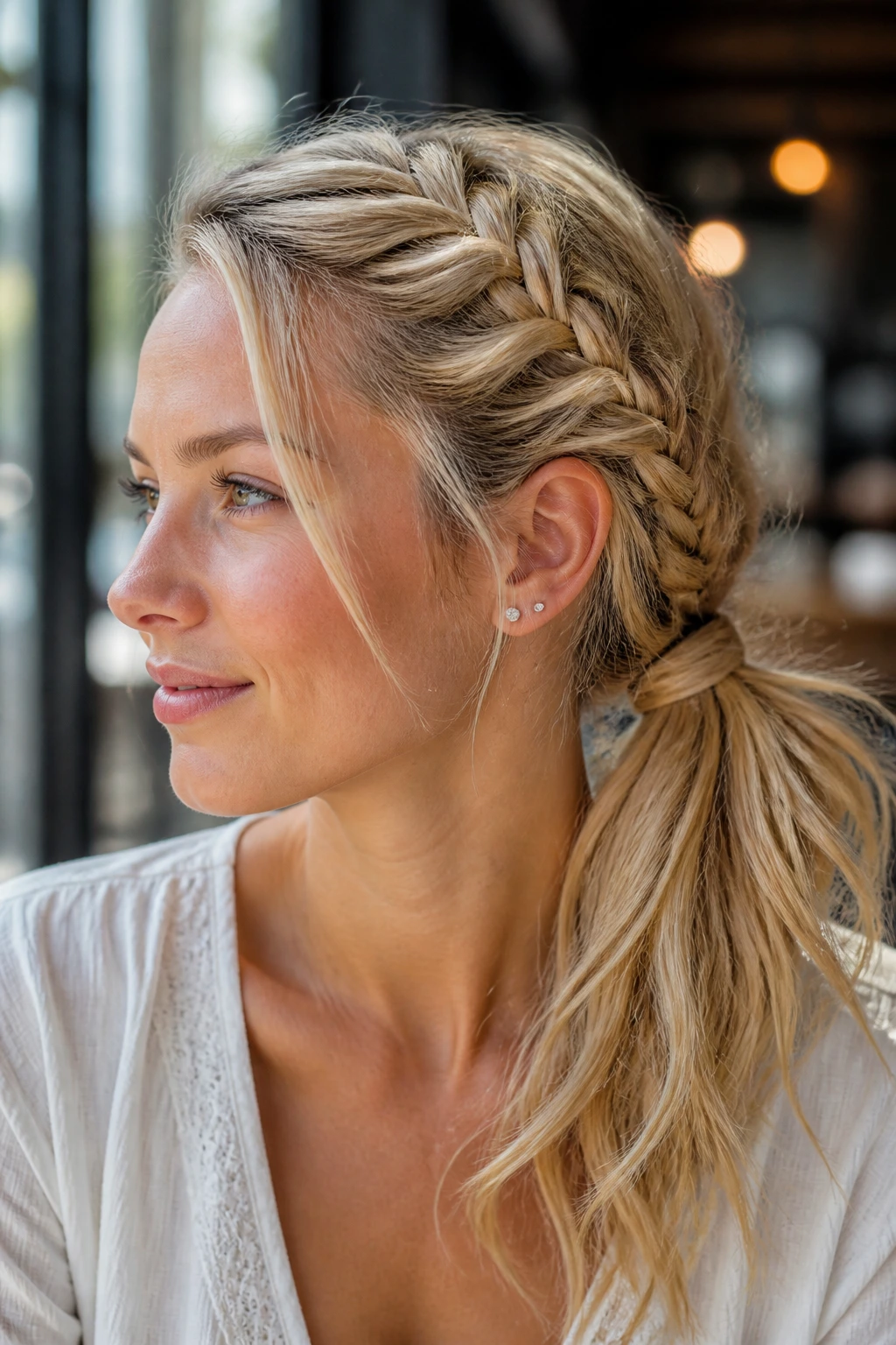 Blonde woman with a side French braid flowing into a ponytail in soft daylight