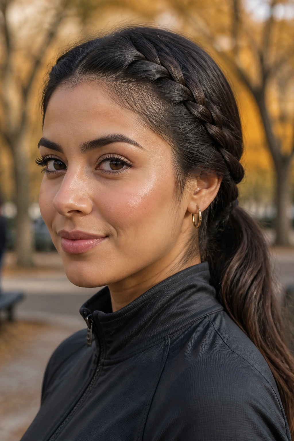 Close-up of a real woman with a side-braided ponytail showing the braid into a low ponytail