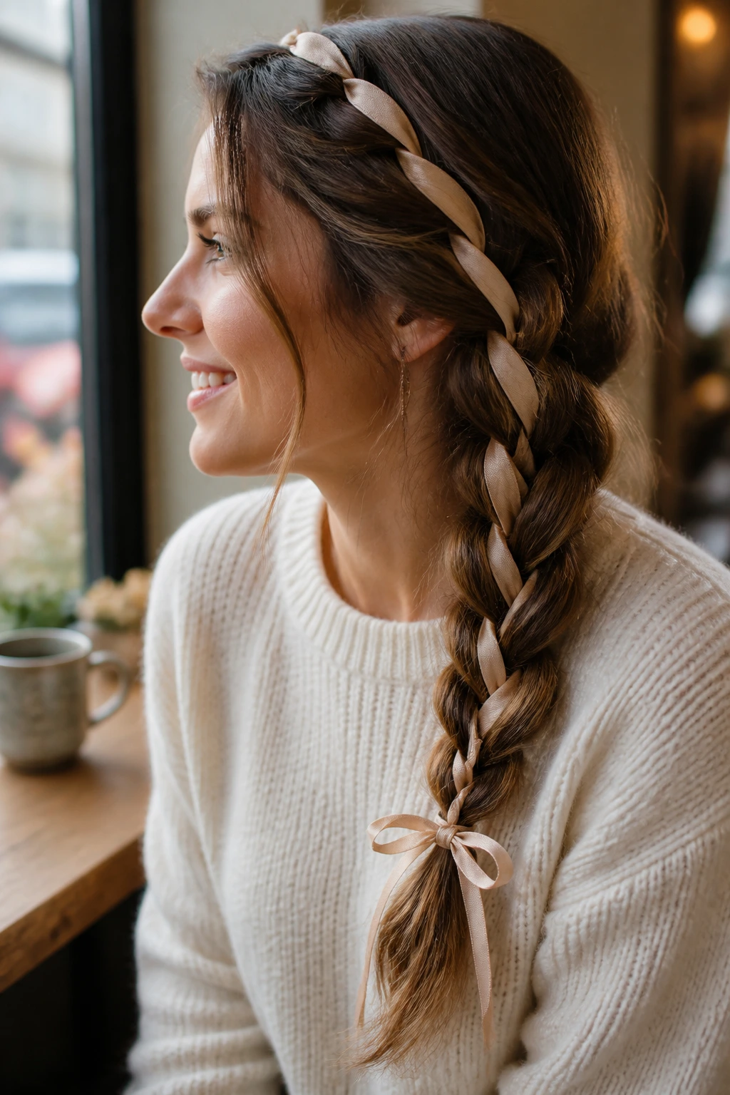 Profile of a woman with a side braid woven with a ribbon