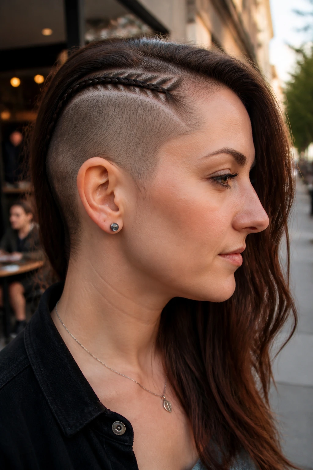 Close-up of a real person showing a thin side-braid along shaved undercut