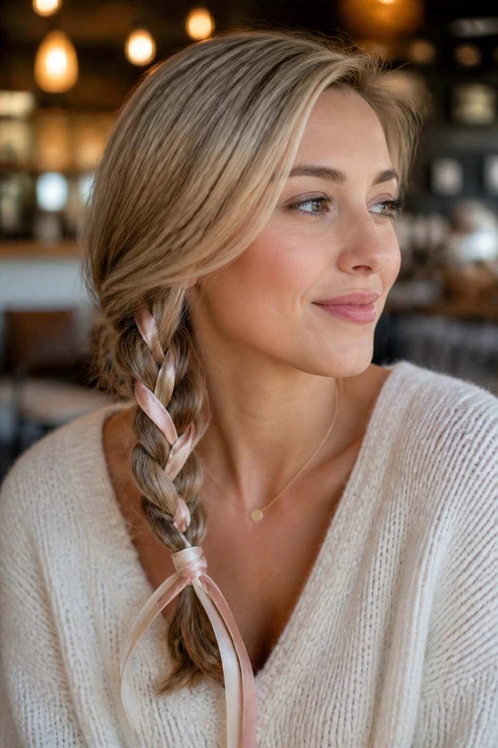 Portrait of a woman with a low side braid woven with a silk cord.