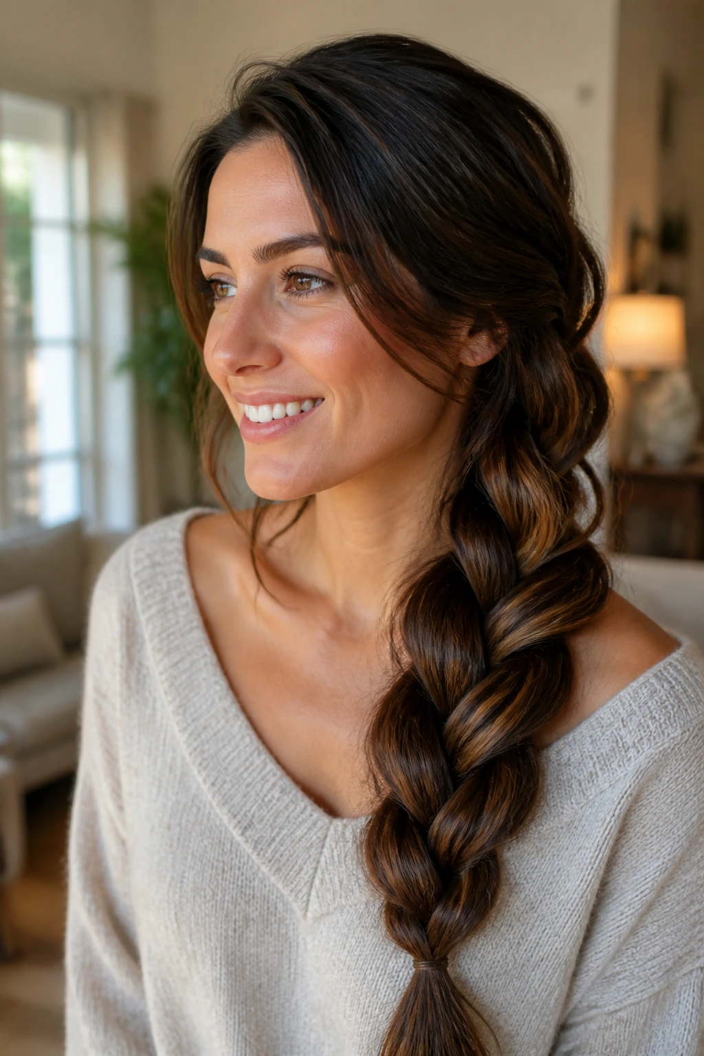 Close-up of a woman with a long side braid over her shoulder