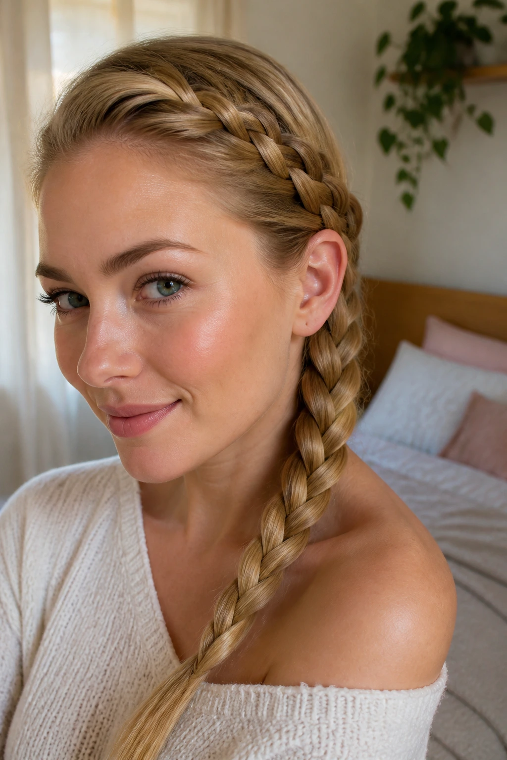 Close-up of a real woman with a classic three-strand side braid.
