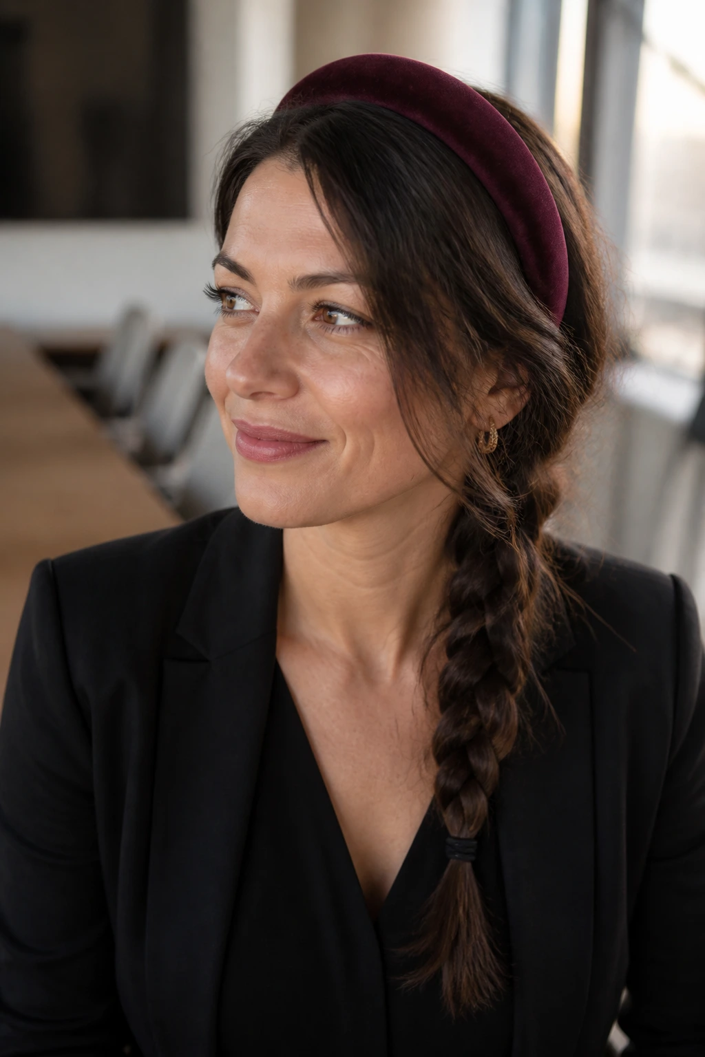 Close-up of a real woman with a side braid and plum velvet headband in an office