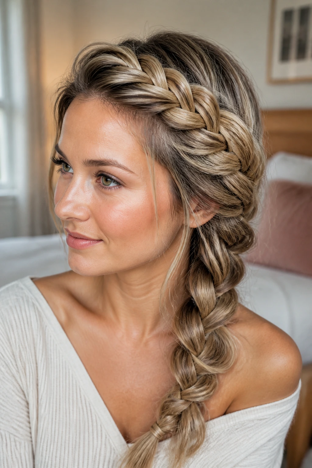 Close-up of a real woman with a voluminous side braid as focal point