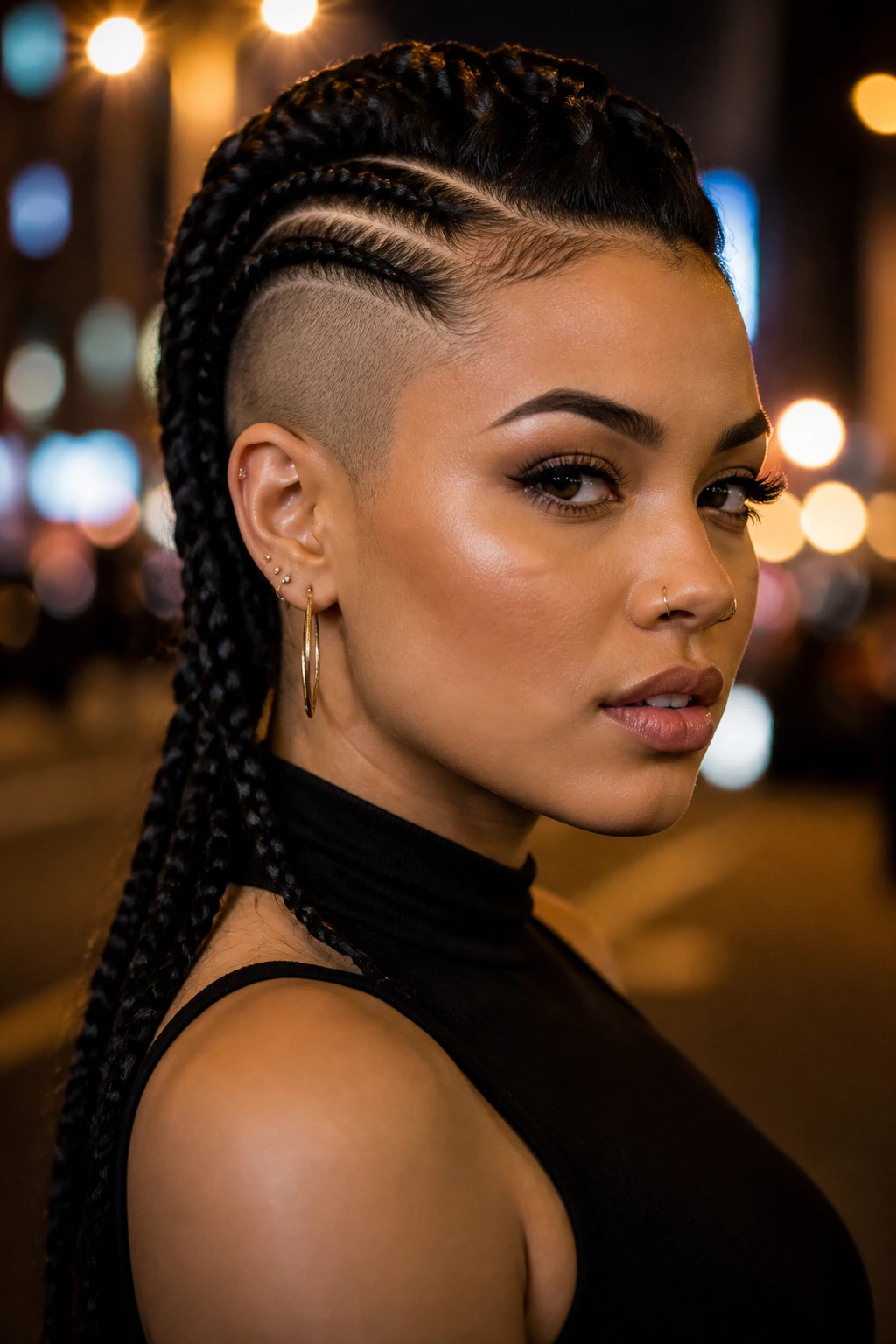 Close-up portrait of a real person with a side-shaved undercut and cornrow braids forming a mohawk in urban lighting