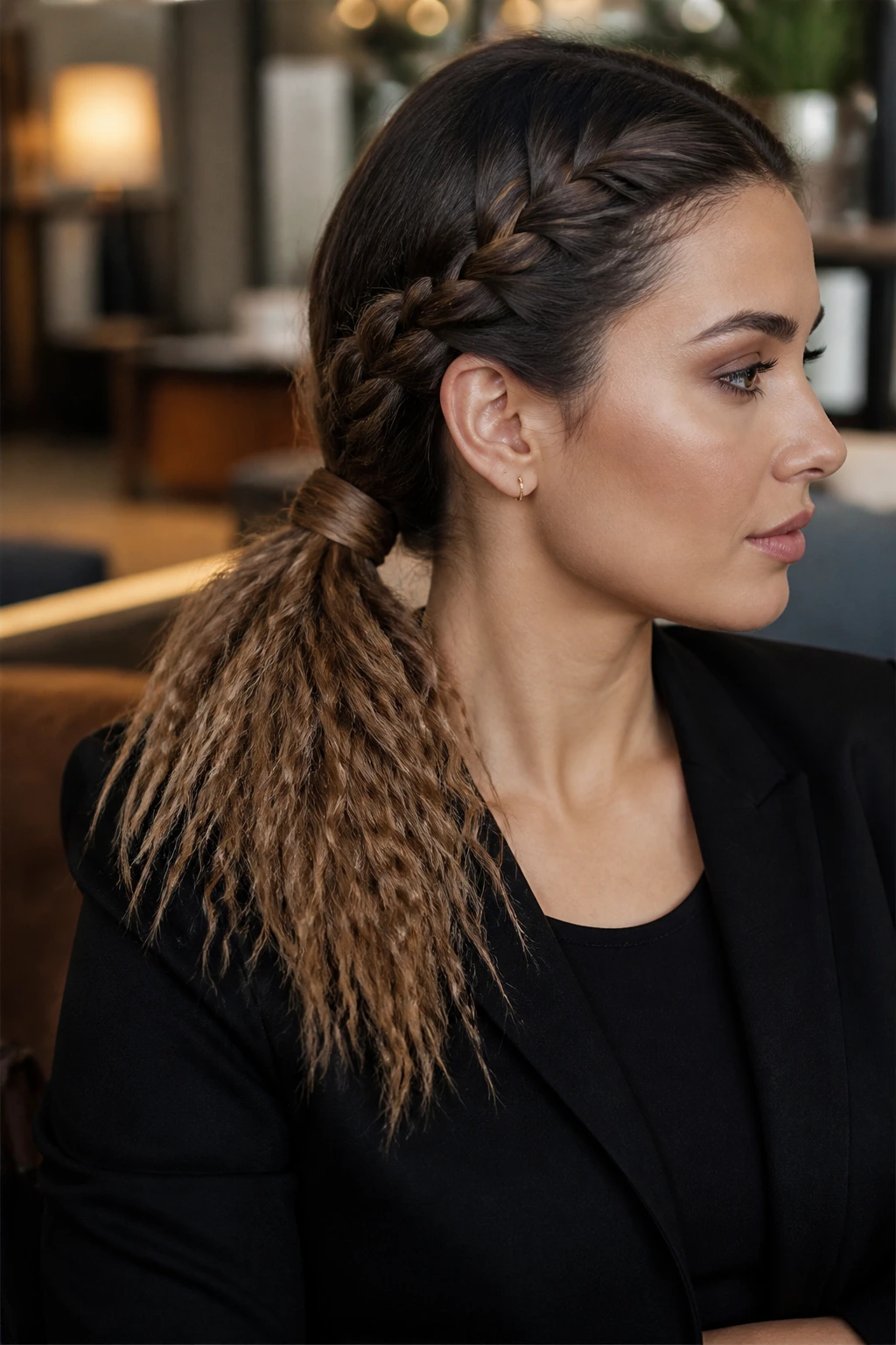 Close-up of a real woman with a side-braided ponytail and crimped ends in an office setting
