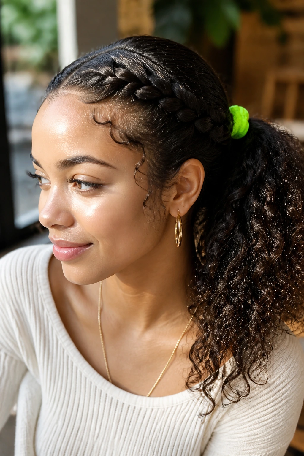 Close-up of a real woman with a side-braided ponytail and lime green elastic