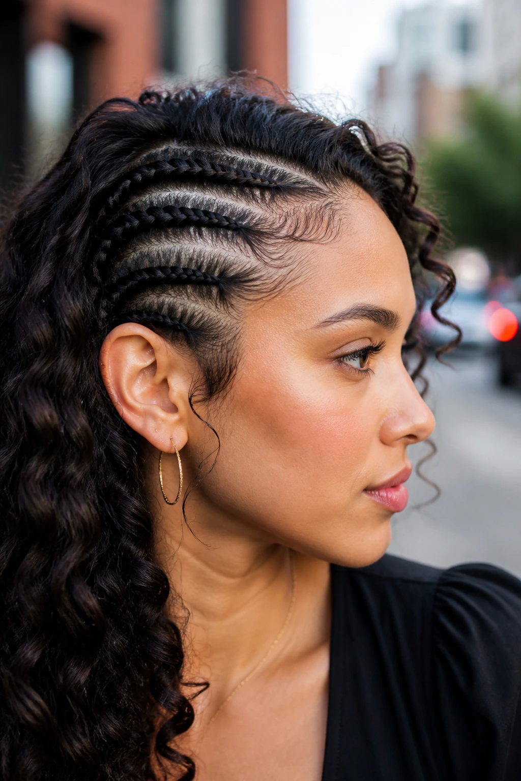 Close-up profile of a real woman with three small side braids along the hairline.