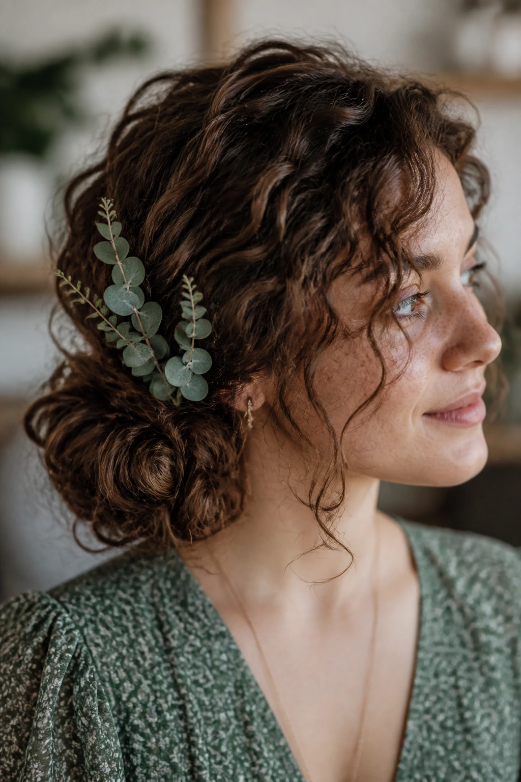 Loose side bun with eucalyptus sprigs on a real person
