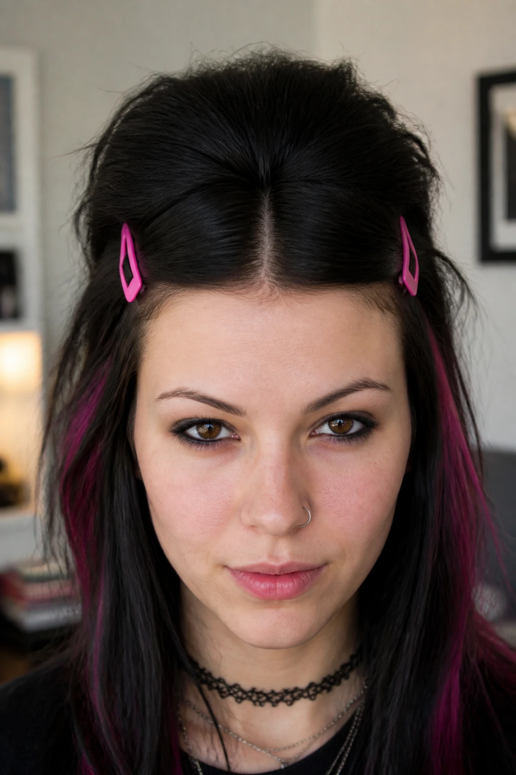 Close-up of hair with two side clips and a voluminous crown on a real person